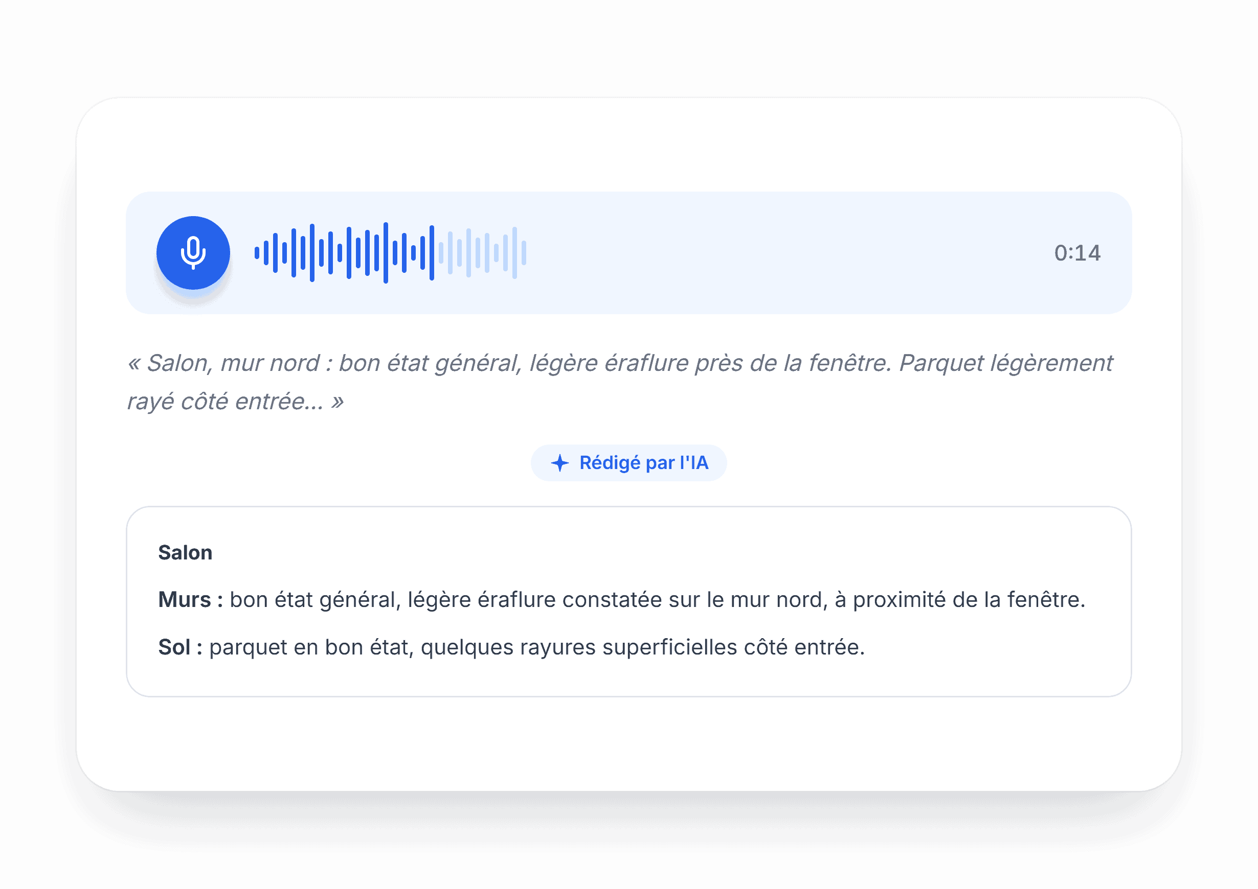 Capture d'écran d'un rapport d'inspection avec notes vocales et descriptions.