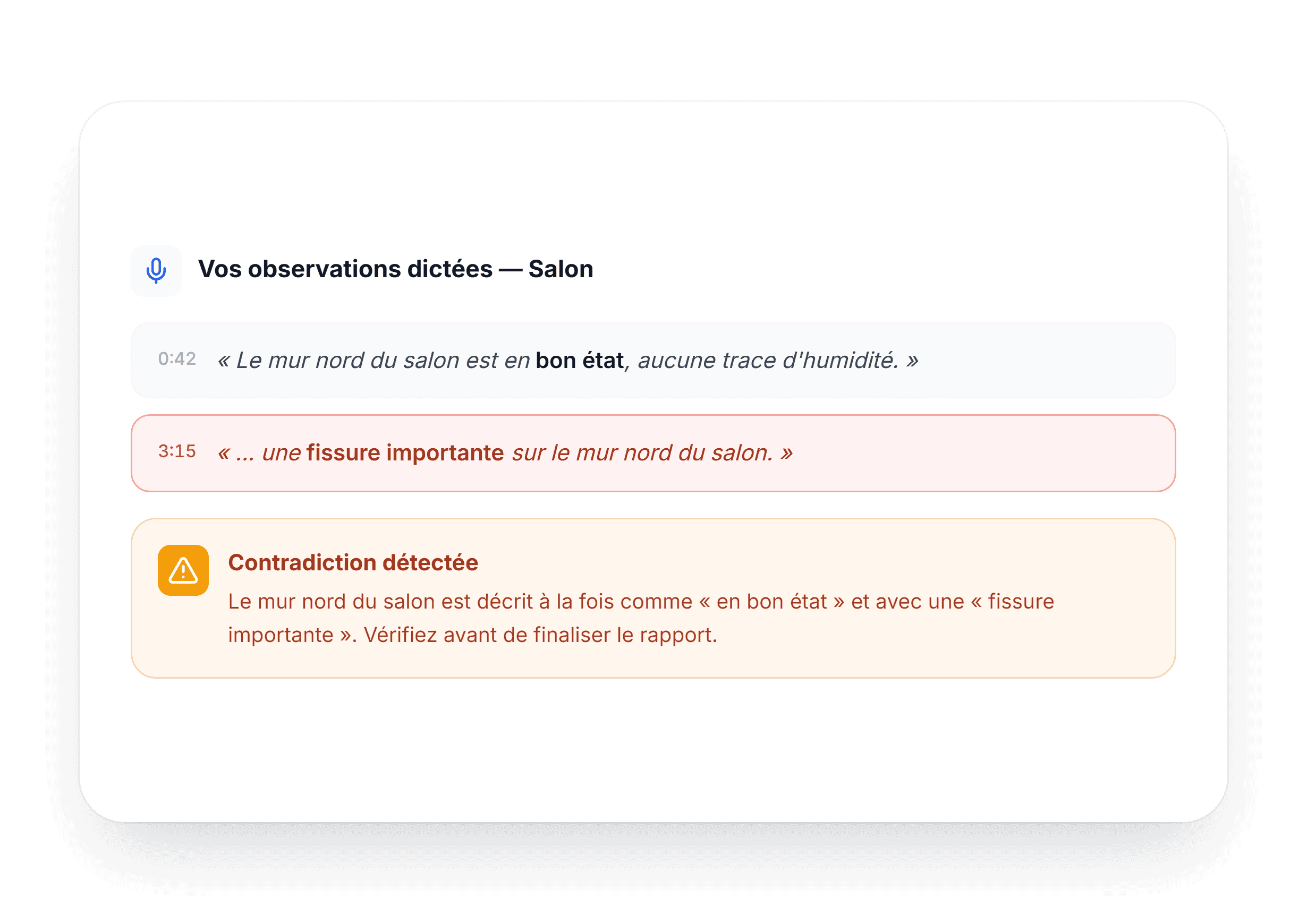 Capture d'écran du rapport d'inspection avec alertes et commentaires.