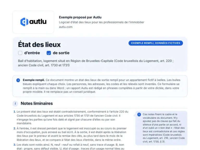 Aperçu de l'exemple d'état des lieux Bruxelles rempli, avec des données fictives