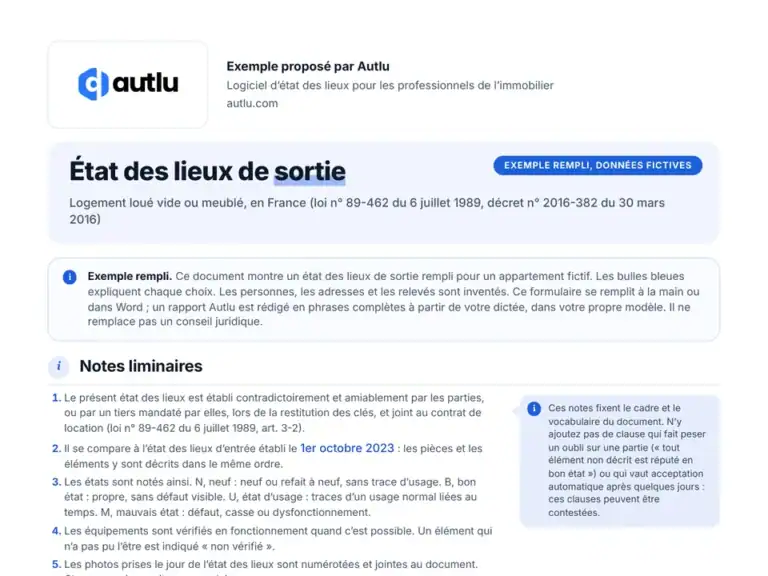 Aperçu de l'exemple d'état des lieux de sortie rempli, avec des données fictives