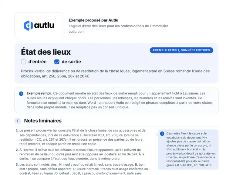 Aperçu de l'exemple d'état des lieux de sortie rempli pour un appartement fictif à Lausanne