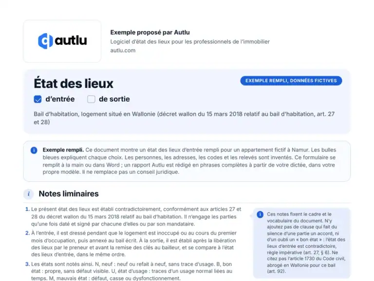 Aperçu de l'exemple d'état des lieux Wallonie rempli, avec des données fictives