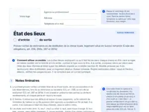 Aperçu du formulaire vierge d'état des lieux pour la Suisse romande en PDF : zone pour votre logo et bulles explicatives