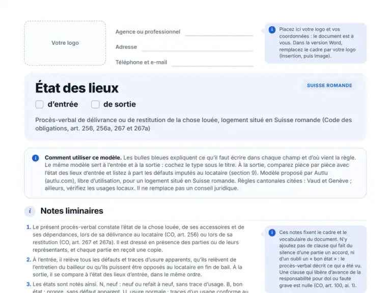 Aperçu du formulaire vierge d'état des lieux pour la Suisse romande en PDF : zone pour votre logo et bulles explicatives
