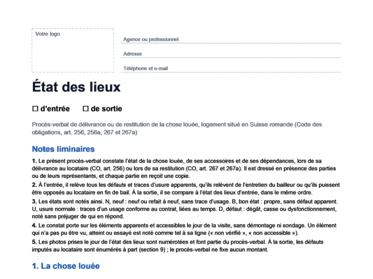 Aperçu du formulaire d'état des lieux pour la Suisse romande en Word, sans bulles, prêt à compléter