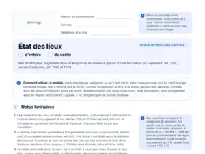 Aperçu du modèle vierge d'état des lieux pour la Région de Bruxelles-Capitale en PDF : zone pour votre logo et bulles explicatives