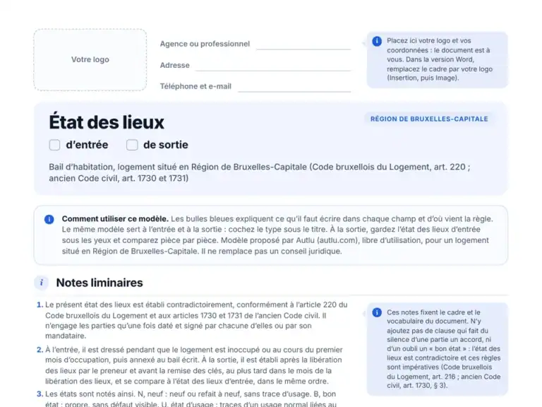 Aperçu du modèle vierge d'état des lieux pour la Région de Bruxelles-Capitale en PDF : zone pour votre logo et bulles explicatives