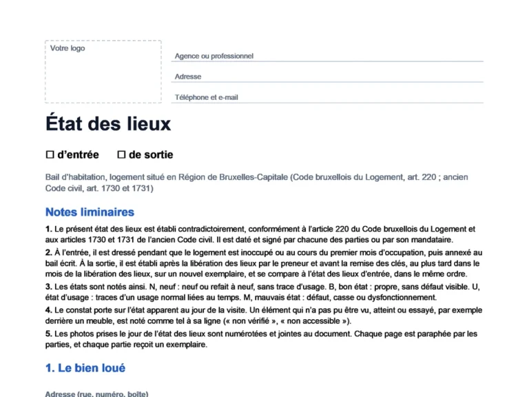 Aperçu du modèle d'état des lieux Bruxelles en Word, sans bulles, prêt à compléter