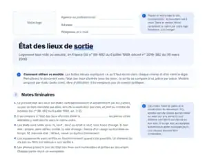 Aperçu du modèle vierge d'état des lieux de sortie en PDF : zone pour votre logo, bulles explicatives et notes liminaires