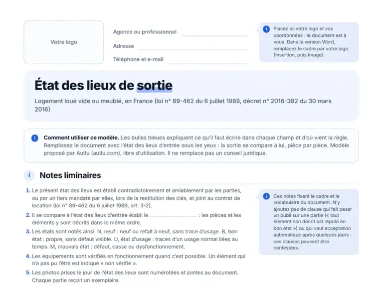 Aperçu du modèle vierge d'état des lieux de sortie en PDF : zone pour votre logo, bulles explicatives et notes liminaires