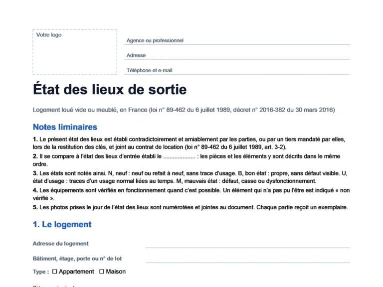 Aperçu du modèle d'état des lieux de sortie en Word, sans bulles, prêt à compléter