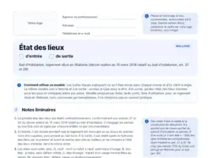 Aperçu du modèle vierge d'état des lieux pour la Région wallonne en PDF : zone pour votre logo et bulles explicatives