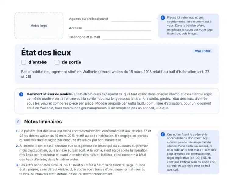 Aperçu du modèle vierge d'état des lieux pour la Région wallonne en PDF : zone pour votre logo et bulles explicatives