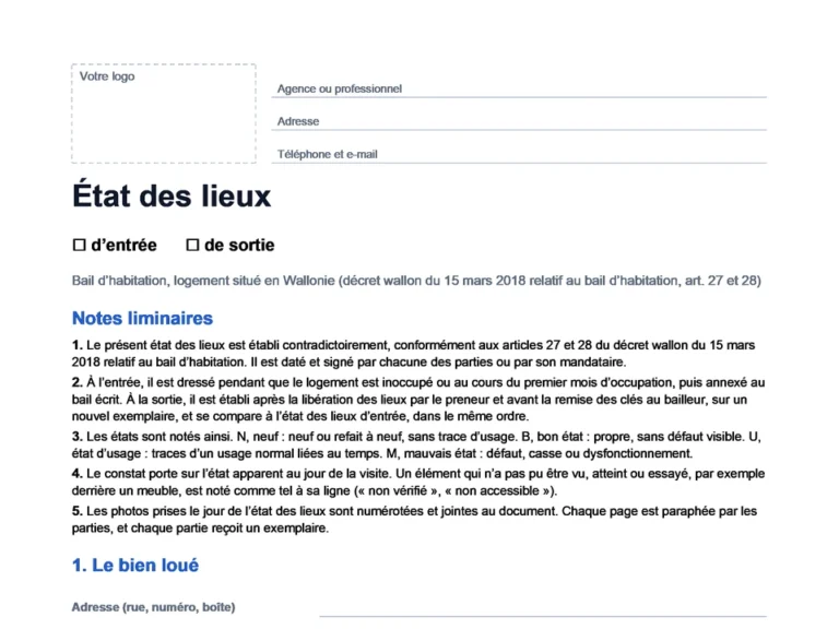 Aperçu du modèle d'état des lieux Wallonie en Word, sans bulles, prêt à compléter