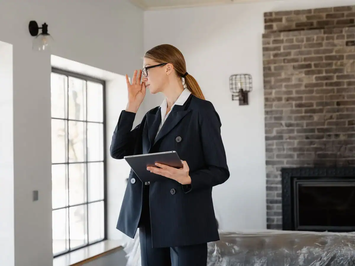 Experte en état des lieux, tablette en main, qui observe une pièce d'un logement vide