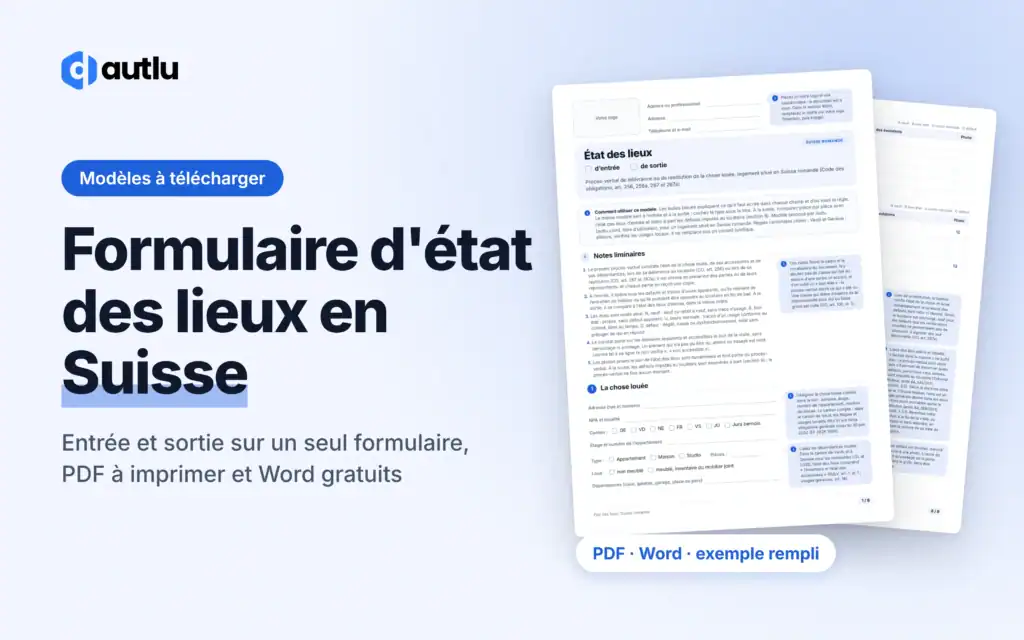 Formulaire d'état des lieux en Suisse : aperçu du formulaire vierge et de l'exemple rempli, PDF et Word