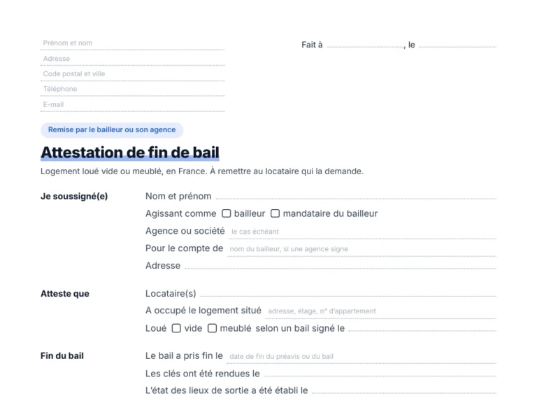 Aperçu du modèle d'attestation de fin de bail à compléter par le bailleur ou son agence
