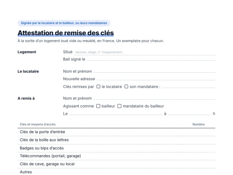 Aperçu du modèle d'attestation de remise des clés, signée par le locataire et le bailleur