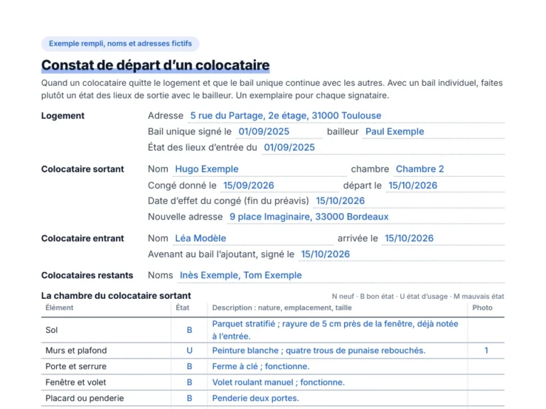 Aperçu de l'exemple de constat de départ d'un colocataire rempli