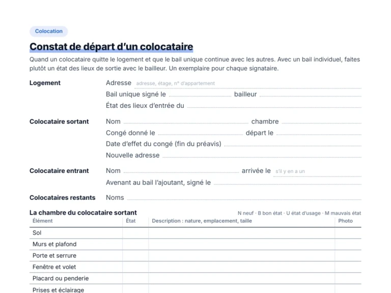 Aperçu du constat de départ d'un colocataire à compléter