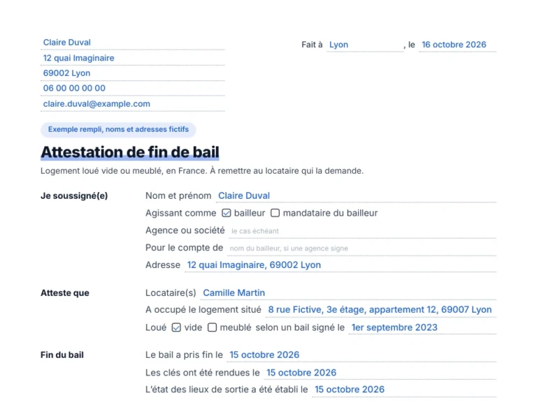 Aperçu de l'exemple d'attestation de fin de bail remplie, noms et adresses fictifs
