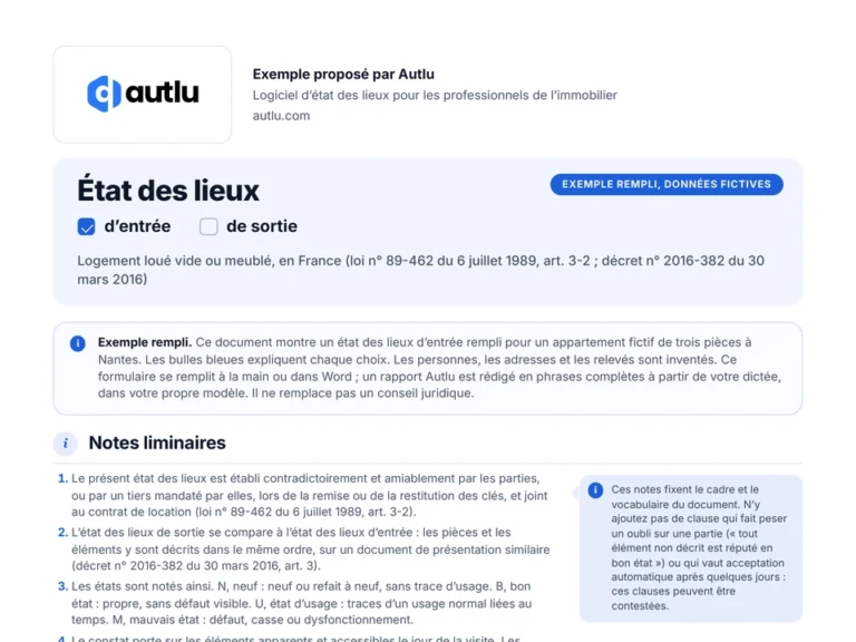 Aperçu de l'exemple d'état des lieux d'entrée rempli pour un appartement fictif à Nantes