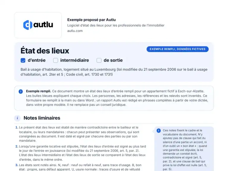 Aperçu de l'exemple d'état des lieux rempli pour un logement fictif au Luxembourg