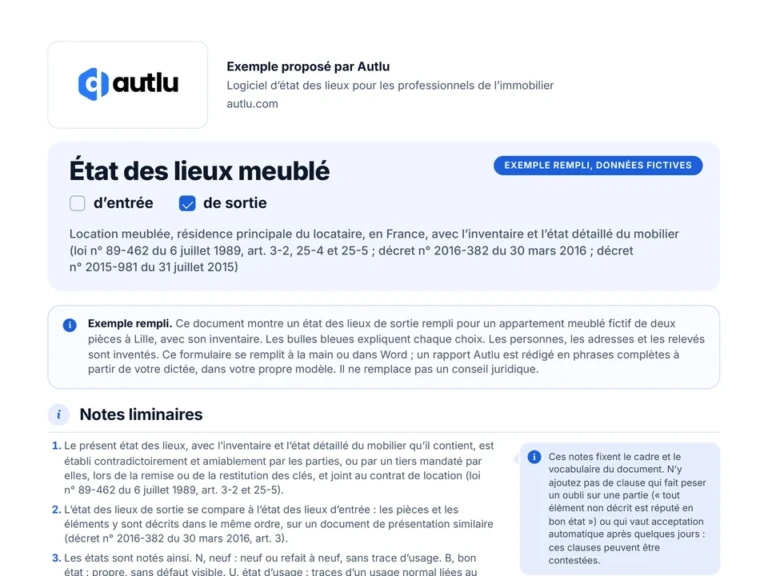 Aperçu de l'exemple d'état des lieux meublé rempli, avec l'inventaire, pour un T2 fictif à Lille