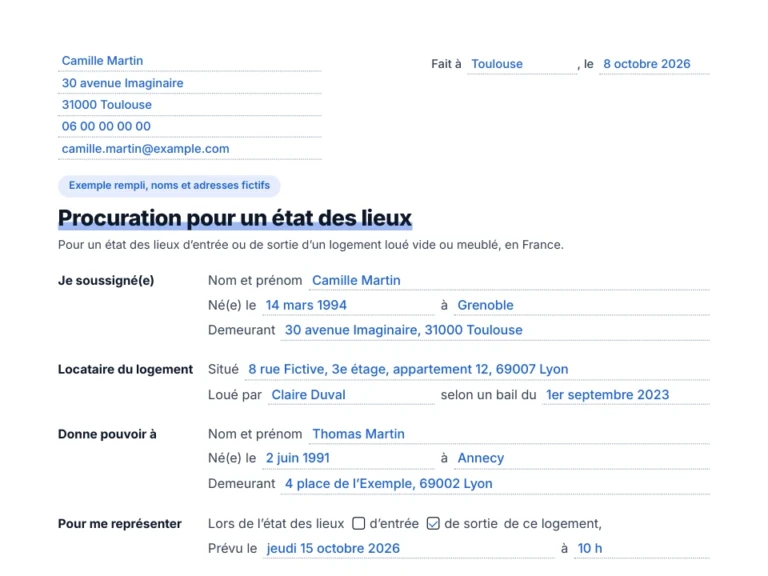 Aperçu de l'exemple de procuration pour un état des lieux de sortie, rempli avec des noms fictifs
