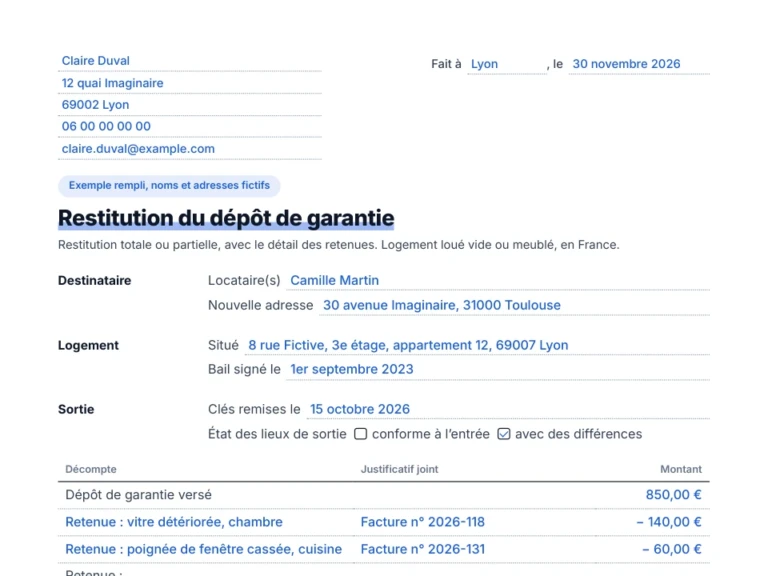Aperçu de l'exemple de lettre de restitution partielle du dépôt de garantie, noms fictifs