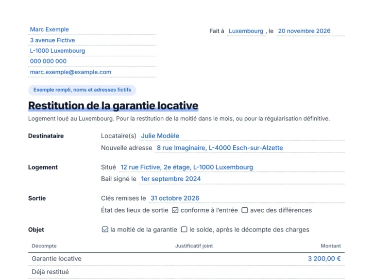 Aperçu de l'exemple de restitution de la garantie locative rempli, noms fictifs