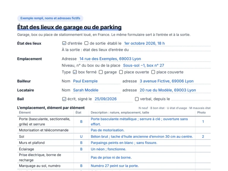 Aperçu de l'exemple d'état des lieux d'un box de garage rempli