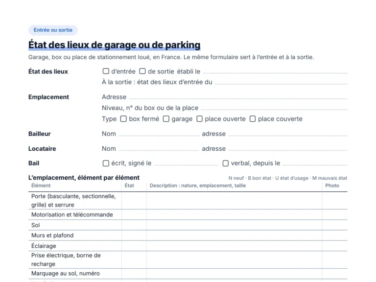 Aperçu du modèle d'état des lieux de garage ou de parking à compléter
