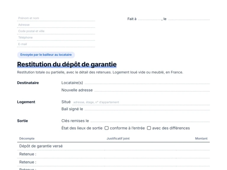 Aperçu du modèle de lettre de restitution du dépôt de garantie avec le décompte des retenues