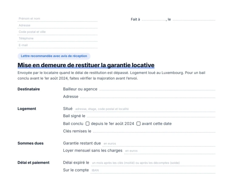 Aperçu de la mise en demeure de restituer la garantie locative, en lettre recommandée