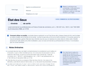 Aperçu du modèle vierge d'état des lieux de local commercial en PDF : zone pour votre logo et bulles explicatives