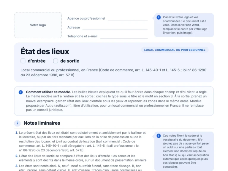 Aperçu du modèle vierge d'état des lieux de local commercial en PDF : zone pour votre logo et bulles explicatives