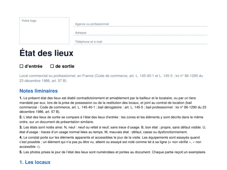 Aperçu du modèle d'état des lieux de local commercial en Word, prêt à compléter