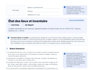 Aperçu du modèle vierge d'état des lieux de location saisonnière en PDF, avec bulles explicatives