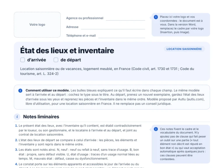 Aperçu du modèle vierge d'état des lieux de location saisonnière en PDF, avec bulles explicatives