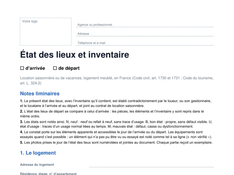 Aperçu du modèle d'état des lieux de location saisonnière en Word, prêt à compléter