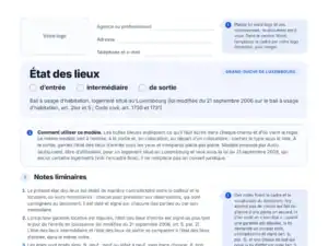 Aperçu du modèle vierge d'état des lieux pour le Luxembourg en PDF : zone pour votre logo et bulles explicatives