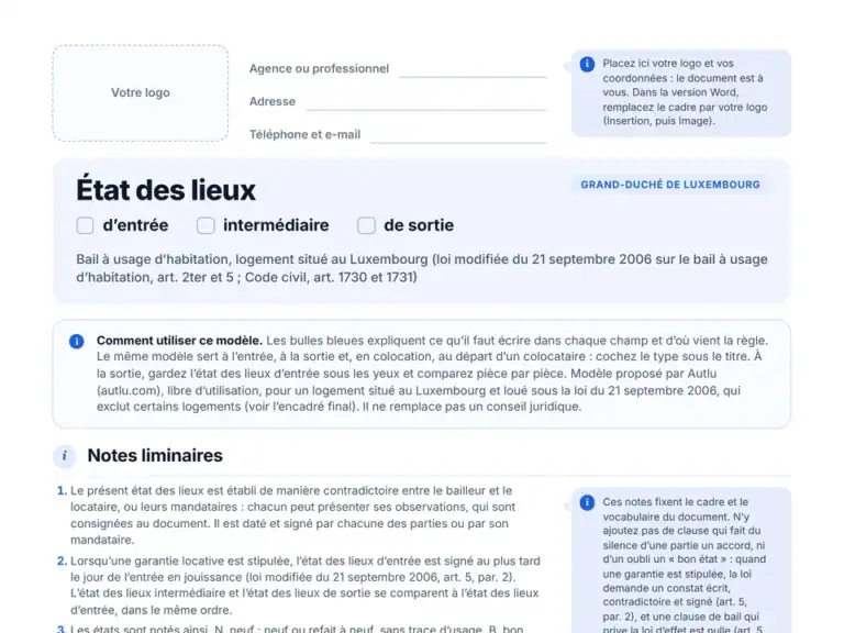Aperçu du modèle vierge d'état des lieux pour le Luxembourg en PDF : zone pour votre logo et bulles explicatives