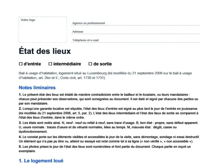 Aperçu du modèle d'état des lieux pour le Luxembourg en Word, sans bulles, prêt à compléter