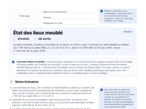 Aperçu du modèle vierge d'état des lieux meublé en PDF, avec l'inventaire du mobilier et des bulles explicatives