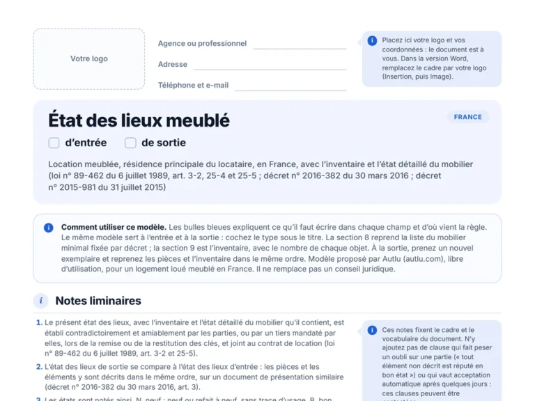Aperçu du modèle vierge d'état des lieux meublé en PDF, avec l'inventaire du mobilier et des bulles explicatives