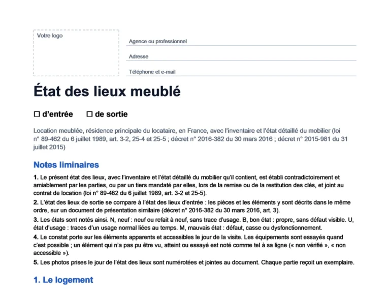 Aperçu du modèle d'état des lieux meublé en Word, sans bulles, prêt à compléter
