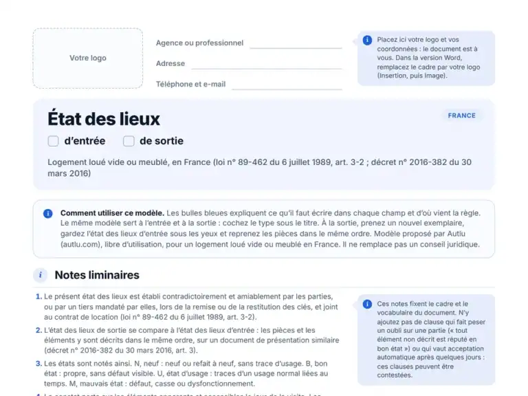 Aperçu du modèle vierge d'état des lieux en PDF : zone pour votre logo et bulles explicatives