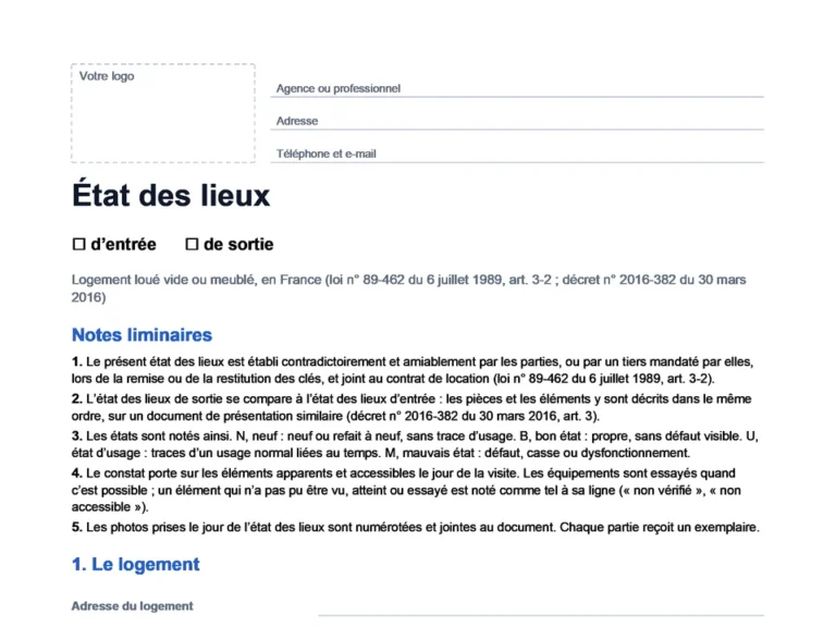 Aperçu du modèle d'état des lieux en Word, sans bulles, prêt à compléter