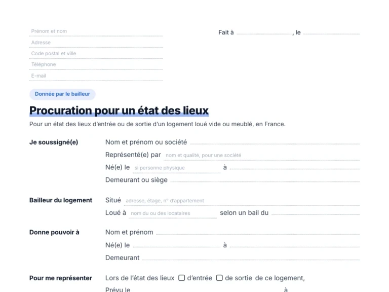 Aperçu de la procuration pour un état des lieux donnée par le bailleur, à compléter
